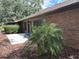 Back patio with lawn and two chairs. Mature landscaping at 6533 Brentwood Dr, Zephyrhills, FL 33542
