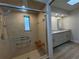Walk-in shower features shower seat, window, shower head and hand-held sprayer; dual sink vanity in the background at 6533 Brentwood Dr, Zephyrhills, FL 33542