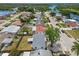 Aerial view of a neighborhood with waterfront access via canals, single-Gathering homes, and mature trees at 1150 Grand Blvd, Holiday, FL 34690