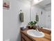 Simple bathroom with a decorative mirror, wood vanity, and muted color palette, providing a tranquil retreat at 12307 Villager Ct, Tampa, FL 33625