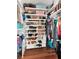 Walk-in closet with shelving filled with shoes and accessories, with hanging clothes surrounding at 12309 Creek Edge Dr, Riverview, FL 33579