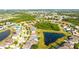 Wide aerial showcases homes nestled around a scenic pond, providing a picturesque community ambiance at 13327 Waterleaf Garden Cir, Riverview, FL 33579