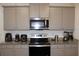 Kitchen with appliances, gray cabinets and granite countertops at 13327 Waterleaf Garden Cir, Riverview, FL 33579