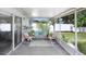 Covered, screened-in porch offering a serene view of the backyard with comfortable seating at 13523 Prestwick Dr, Riverview, FL 33579