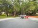 Outdoor patio featuring Adirondack chairs and a white fire pit, surrounded by green trees at 17933 Eagle Ln, Lutz, FL 33558