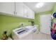 Bright laundry room with green walls, white cabinets, and modern washing machines at 19156 Dove Creek Dr, Tampa, FL 33647