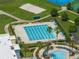 Aerial view of the community's large pool with lap lanes, seating, and mature palm trees at 21648 Snowy Orchid Ter, Land O Lakes, FL 34637