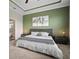 View of main bedroom, showcasing a decorative ceiling, a green accent wall and an adjoining bathroom at 21648 Snowy Orchid Ter, Land O Lakes, FL 34637