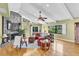 Stylish living room with a stone fireplace, hardwood floors, and ample natural light at 2287 Demaret Dr, Dunedin, FL 34698