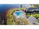Aerial view of community pool with lounge chairs alongside a lake and nearby buildings at 2557 Cedar Cypress Ct, Tampa, FL 33618