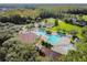Aerial view of community pool, playground, tennis court, and other amenities in a lush, green setting at 26749 Middleground Loop, Wesley Chapel, FL 33544