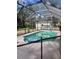 Screened-in pool with blue tile detailing and a shed in the backyard at 2841 S Cranberry Blvd, North Port, FL 34286