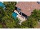 An aerial view showcases a private backyard with a pool, deck, and lush landscaping at 4612 W Lowell Ave, Tampa, FL 33629