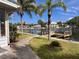 Lush backyard featuring a waterfront view, mature palm trees, a private dock, and a well-maintained lawn at 5445 Manatee Point Dr, New Port Richey, FL 34652