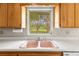 Close up of a pink kitchen sink with laminate countertops, wood cabinets, and a window with a view at 1675 Robin Hood Ln, Clearwater, FL 33764