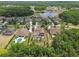 Aerial view of a neighborhood featuring mature trees, a pond, and swimming pools at 17914 Bramshot Pl, Lutz, FL 33559