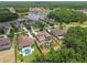 Stunning aerial view of luxury homes nestled among lush greenery and a serene lake at 17914 Bramshot Pl, Lutz, FL 33559