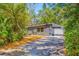 View of the home with gray and white exterior nestled among lush, mature landscaping and trees at 612 Sw Beverly Ave, Largo, FL 33770