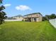 Spacious backyard, ideal for outdoor activities, featuring a covered patio and well-manicured lawn at 11706 Gilmerton Dr, Riverview, FL 33579