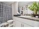 Bathroom with a toilet, sink, cabinets, and a shower with a zebra-striped shower curtain at 13603 Wild Ginger St, Riverview, FL 33579