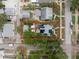 Aerial view shows property with solar panels, a detached garage, landscaping, and neighborhood at 2859 Dartmouth N Ave, St Petersburg, FL 33713