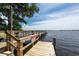 Community dock offering lake access with wooden planks, railings, stairs, and stunning lake views at 3716 Janus Way, Palm Harbor, FL 34685