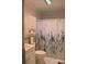 This bathroom has a white shower curtain, toilet, and sink with sea themed decorations at 9639 Mainlands E Blvd, Pinellas Park, FL 33782