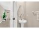 Simple half bathroom featuring a pedestal sink and modern mirror at 10142 Golden Wonder Ln, Riverview, FL 33578