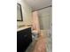 Standard full bathroom with shower, bathtub, and vanity featuring pink accents and flooring at 10953 Winter Crest Dr, Riverview, FL 33569