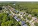 Overhead view of a residential neighborhood, lush trees, and a glimpse of a nearby lake at 13038 Royal George Ave, Odessa, FL 33556