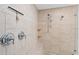 Close up of walk-in shower with dual shower heads, pebble floor and a built-in tiled niche at 13038 Royal George Ave, Odessa, FL 33556