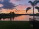 Backyard with a beautiful lake view and palm tree, with a calming and colorful sunset sky at 5547 Silver Sun Dr, Apollo Beach, FL 33572