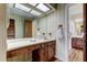 Vintage style bathroom with a wood vanity and plenty of counter space at 107 Garland Cir, Palm Harbor, FL 34683