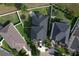 Overhead shot of neighborhood featuring the home's fenced yard, trampoline, and outdoor seating area at 12327 Eagle Swoop Pl, Riverview, FL 33579