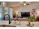 Cozy living room featuring a modern TV, decorative wall paneling, and a stylish orchid in the foreground at 12327 Eagle Swoop Pl, Riverview, FL 33579