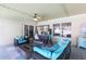The covered patio has comfortable seating and a fire pit at 1421 Buckner Rd, Valrico, FL 33596