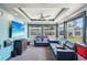 Cozy living room with plush blue seating, tv, a ceiling fan and plenty of natural light at 1450 Seabreeze St, Clearwater, FL 33756