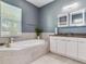 Bathroom featuring a soaking tub, a double vanity, and natural lighting at 16220 Lake Armistead Way, Odessa, FL 33556