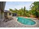 Backyard pool and spa surrounded by lush tropical landscaping with brick paver decking and screened in patio at 1955 Cobblestone Way, Clearwater, FL 33760