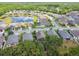 An aerial view of a residential community featuring homes with well-kept lawns and a picturesque pond, offering a peaceful setting at 19836 Hidden Glen Dr, Land O Lakes, FL 34638