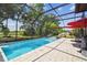 Backyard pool featuring a screened enclosure and views of the green landscape at 19836 Hidden Glen Dr, Land O Lakes, FL 34638