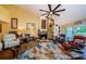 Inviting living room featuring a stone fireplace, ceiling fan, and sliding glass door to the outdoor area at 3174 Eagles Landing W Cir # 58, Clearwater, FL 33761