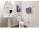 Stylish powder room featuring a pedestal sink, decorative mirror, and modern fixtures at 5613 Kingsley Corner Way, Lithia, FL 33547