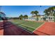 Well-maintained tennis court with a red and green surface, surrounded by palm trees and fencing at 1170 Pine Ridge W Cir # C2, Tarpon Springs, FL 34688