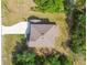 An aerial view of a home showcasing the roof and expansive driveway with a basketball hoop, surrounded by trees at 14282 Coronado Dr, Spring Hill, FL 34609