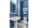 Stylish powder room featuring blue walls, a pedestal sink, and decorative patterned tile flooring at 202 S Tampania Ave # 3, Tampa, FL 33609