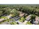 Aerial view of a charming neighborhood with mature trees, well-kept lawns, and a community pool at 3071 Bolt Dr, Palm Harbor, FL 34685