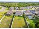 Aerial view of a property showcasing the large backyard, covered patio, and surrounding neighborhood at 31643 Colada Drift Way, Wesley Chapel, FL 33545
