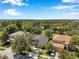 Aerial view showcasing houses with well-maintained lawns and mature trees under a blue sky at 7103 Bridgeview Dr, Wesley Chapel, FL 33545