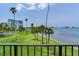 Scenic water view from a balcony with palm trees, green grass, and buildings in the distance at 100 Oakmont Ln # 310, Belleair, FL 33756